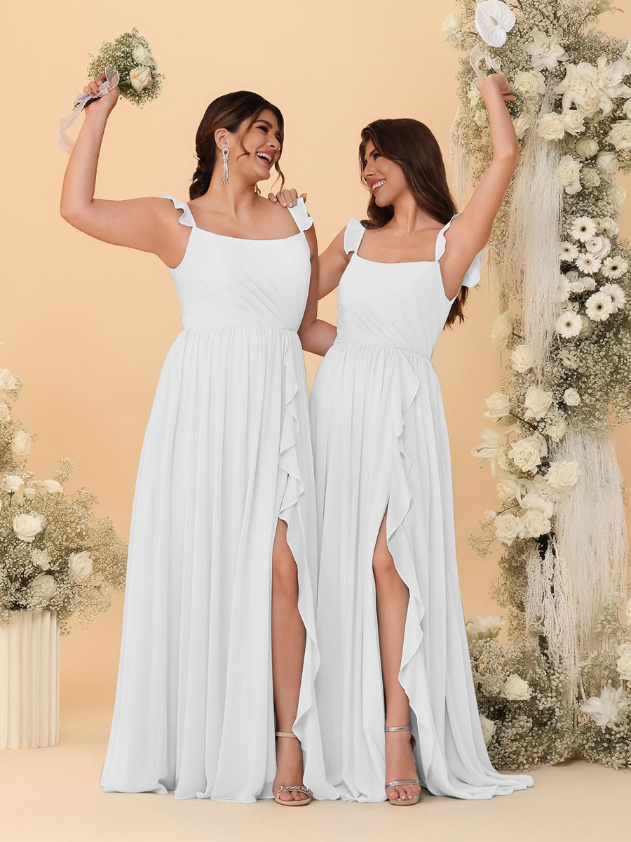 A-Line/Princess Square Neck Sleeveless Ruched Bridesmaid Dresses With Side Slit & Ruffles Off White
