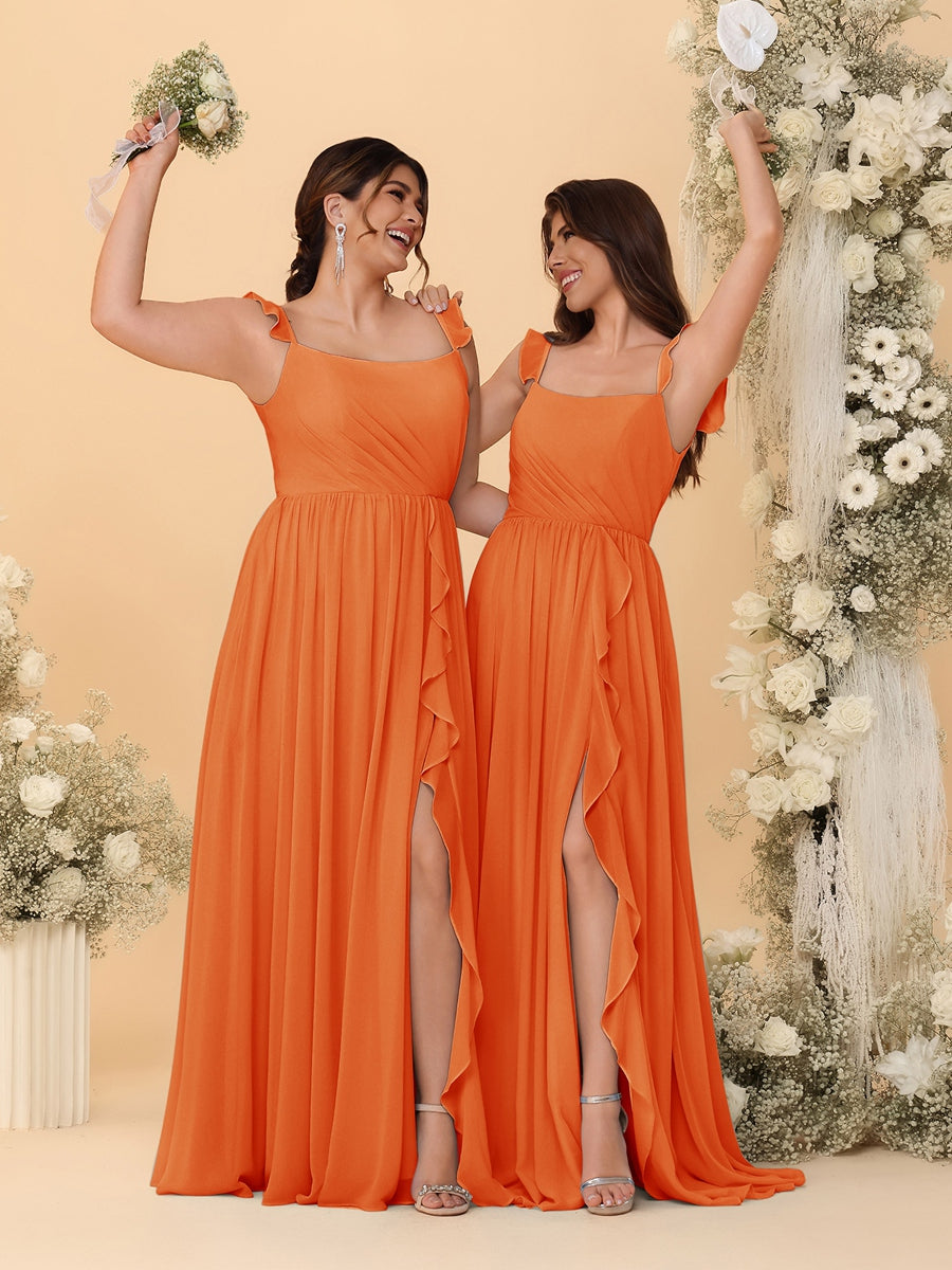 A-Line/Princess Square Neck Sleeveless Ruched Bridesmaid Dresses With Side Slit & Ruffles Orange