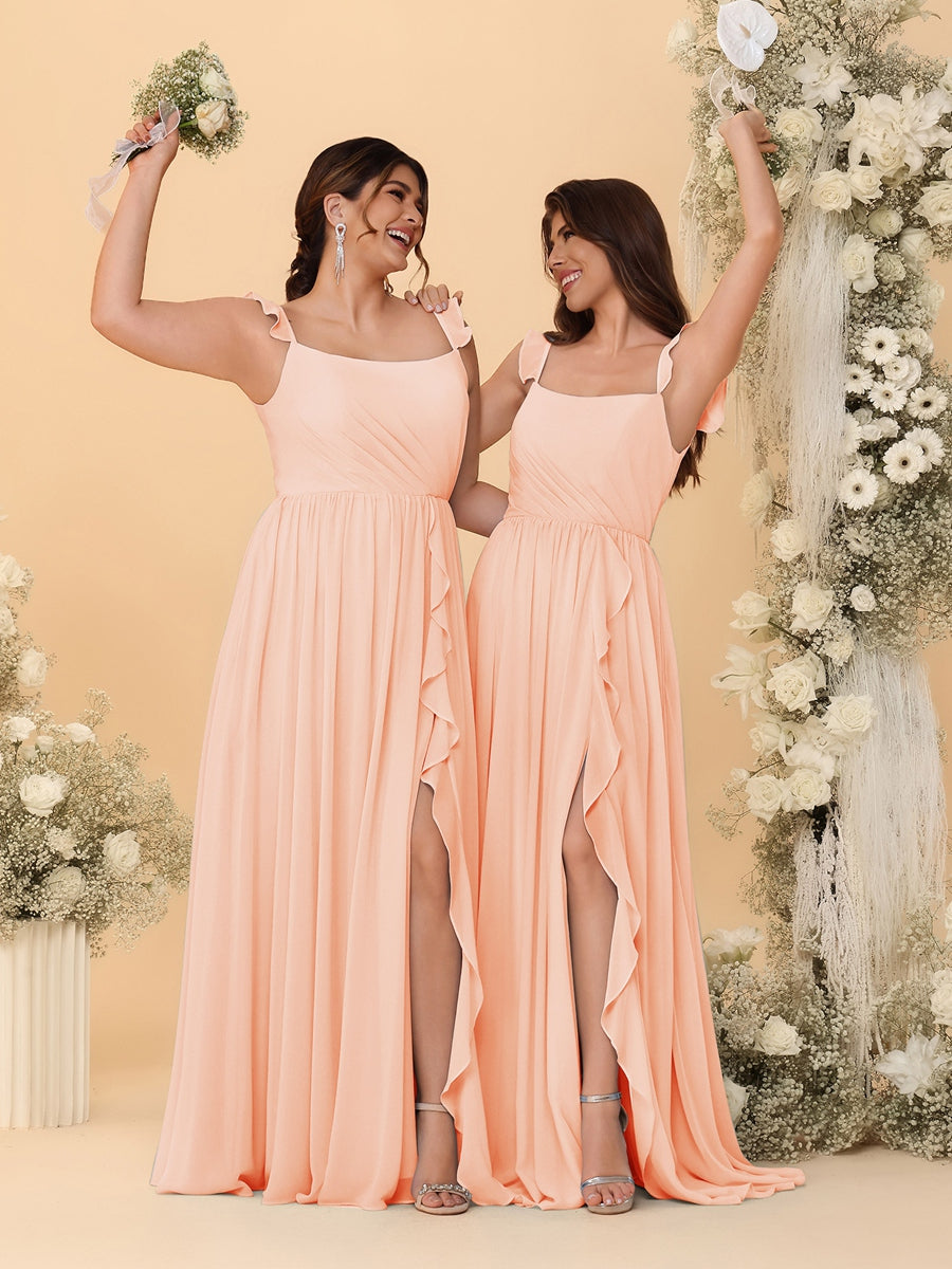 A-Line/Princess Square Neck Sleeveless Ruched Bridesmaid Dresses With Side Slit & Ruffles Peach Pink