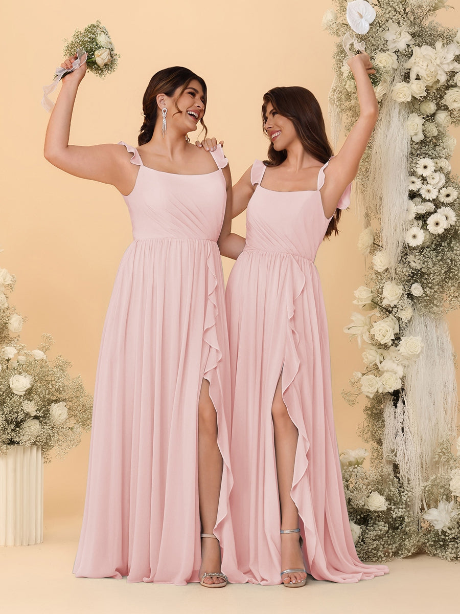 A-Line/Princess Square Neck Sleeveless Ruched Bridesmaid Dresses With Side Slit & Ruffles Pearl Pink