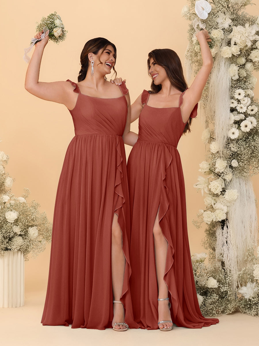 A-Line/Princess Square Neck Sleeveless Ruched Bridesmaid Dresses With Side Slit & Ruffles Rust