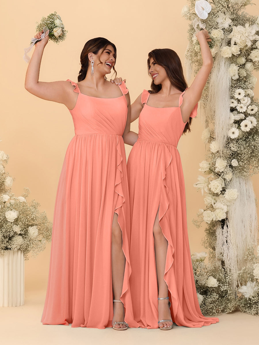A-Line/Princess Square Neck Sleeveless Ruched Bridesmaid Dresses With Side Slit & Ruffles Salmon