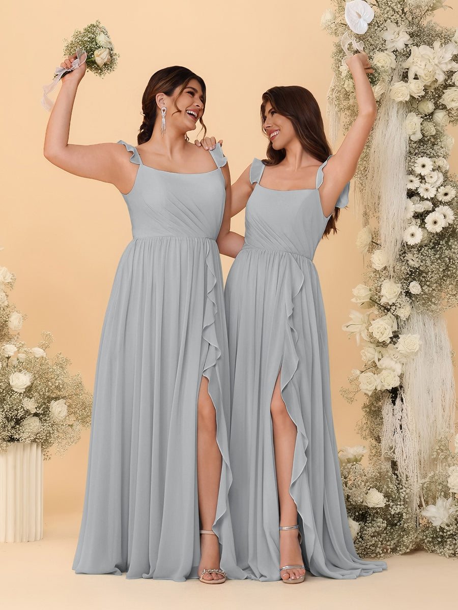 A-Line/Princess Square Neck Sleeveless Ruched Bridesmaid Dresses With Side Slit & Ruffles Silver