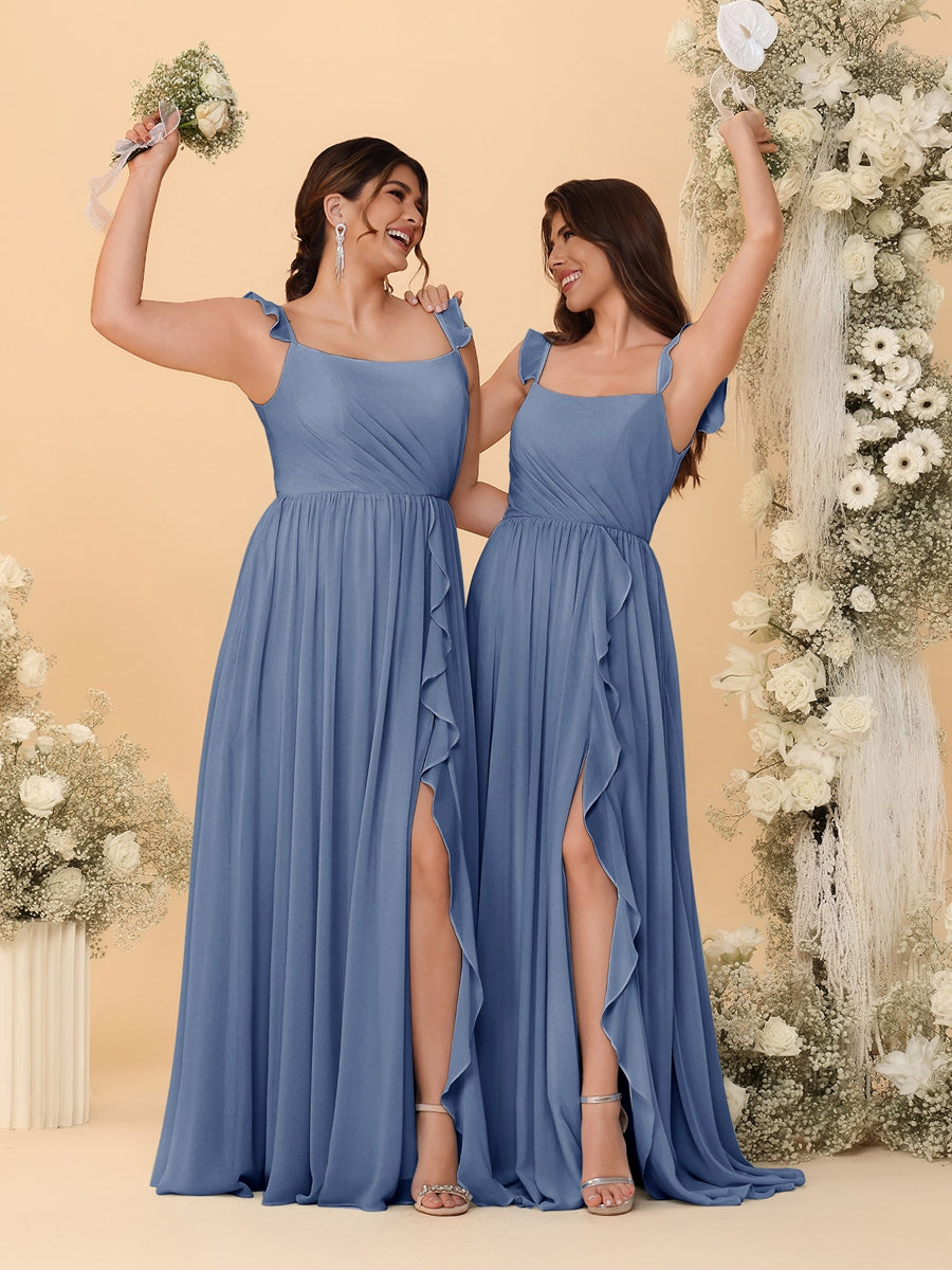 A-Line/Princess Square Neck Sleeveless Ruched Bridesmaid Dresses With Side Slit & Ruffles Steel Blue