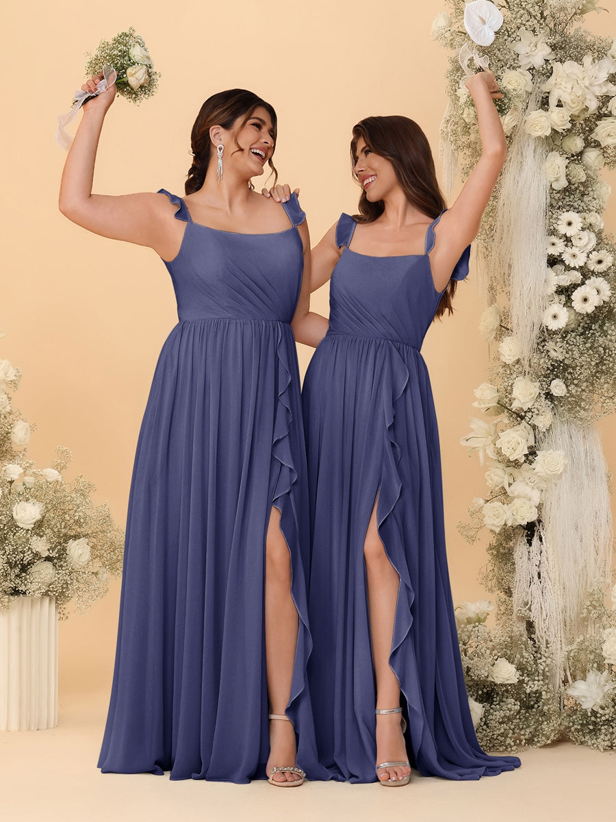 A-Line/Princess Square Neck Sleeveless Ruched Bridesmaid Dresses With Side Slit & Ruffles Stormy Blue