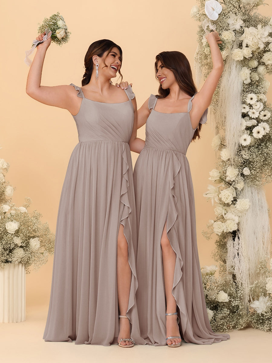 A-Line/Princess Square Neck Sleeveless Ruched Bridesmaid Dresses With Side Slit & Ruffles Taupe