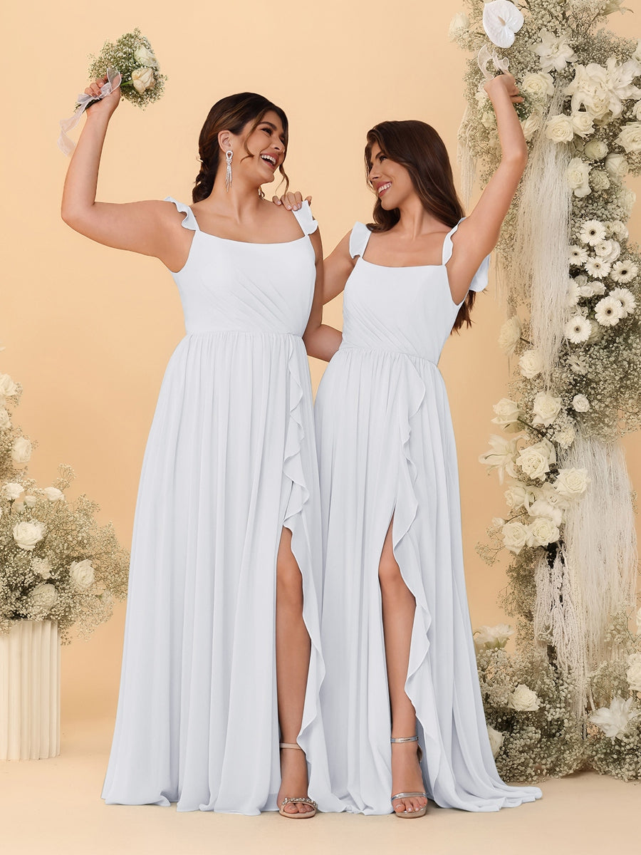 A-Line/Princess Square Neck Sleeveless Ruched Bridesmaid Dresses With Side Slit & Ruffles White