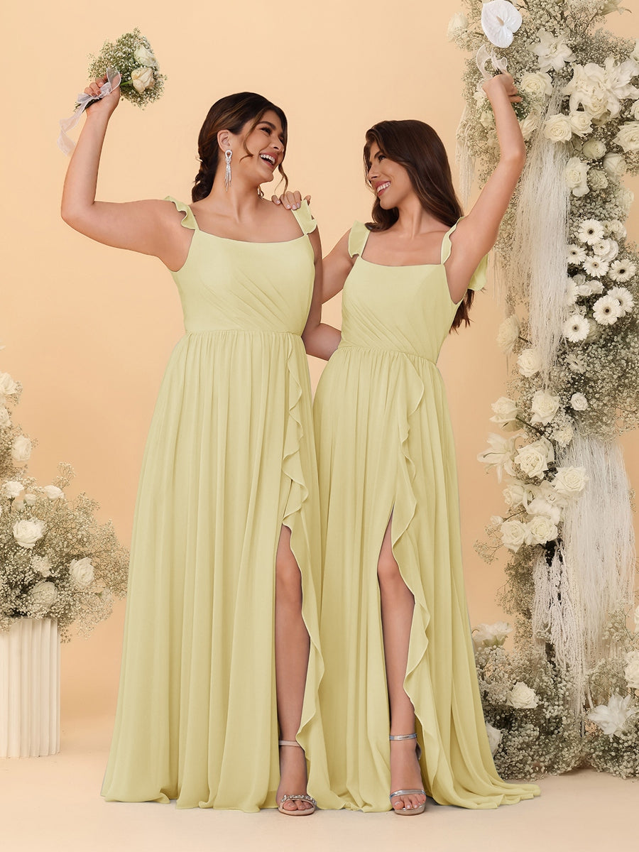 A-Line/Princess Square Neck Sleeveless Ruched Bridesmaid Dresses With Side Slit & Ruffles Yellow