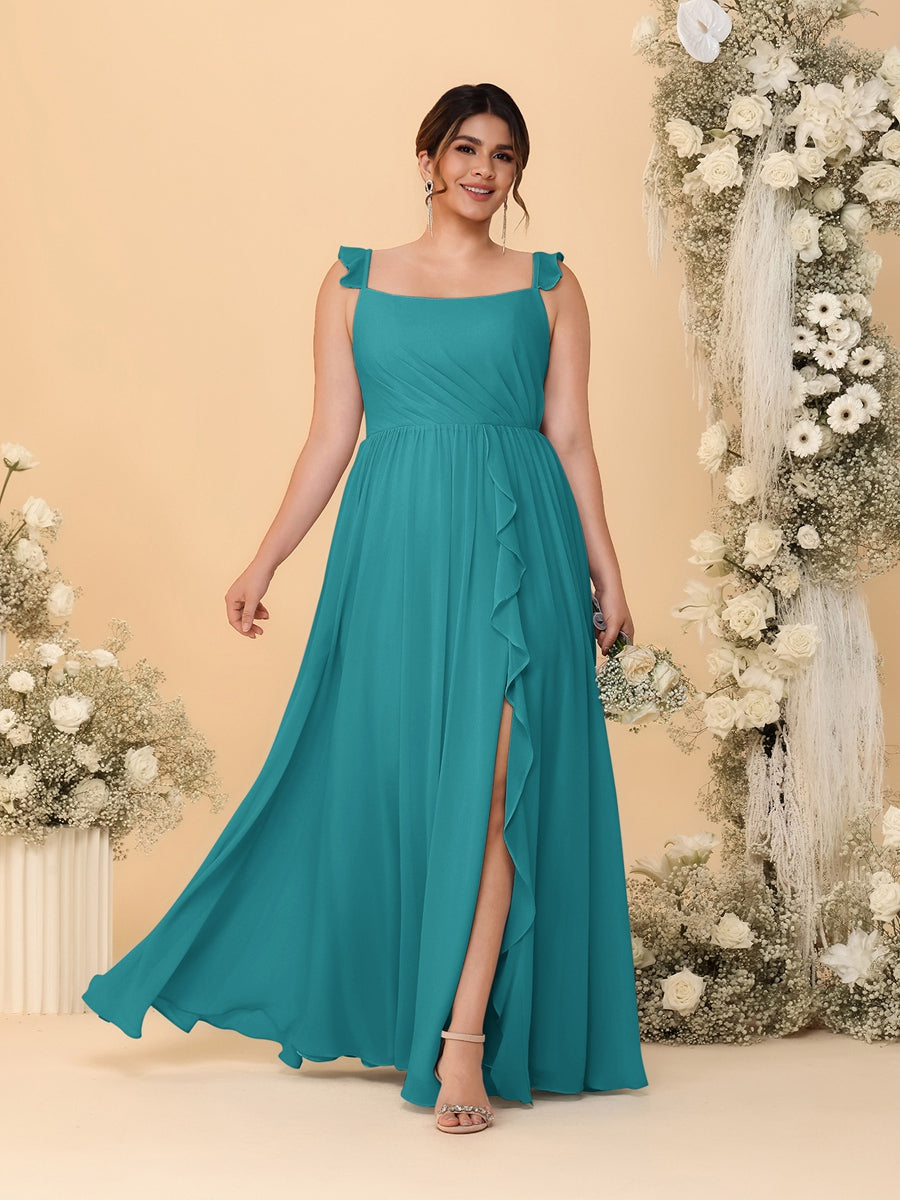 A-Line/Princess Square Neck Sleeveless Plus Size Bridesmaid Dresses With Side Slit & Ruffles Aqua Blue