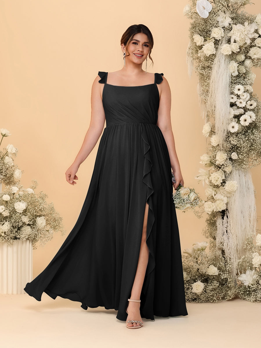A-Line/Princess Square Neck Sleeveless Plus Size Bridesmaid Dresses With Side Slit & Ruffles Black