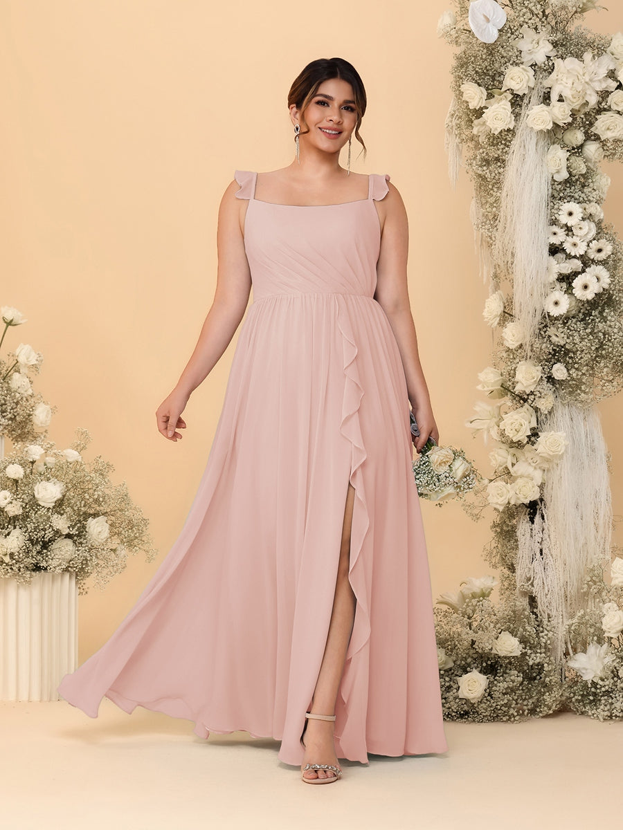 A-Line/Princess Square Neck Sleeveless Plus Size Bridesmaid Dresses With Side Slit & Ruffles Blush Pink