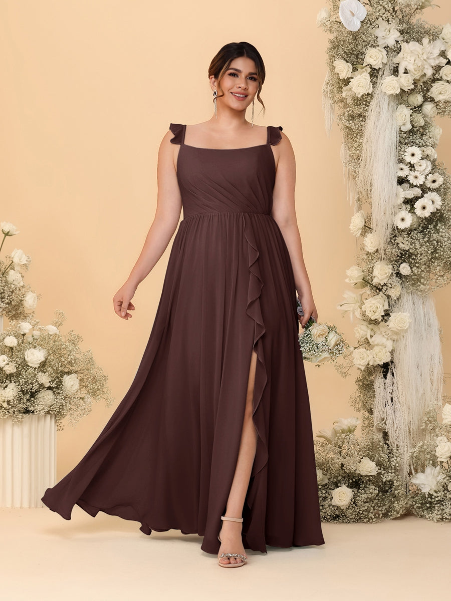 A-Line/Princess Square Neck Sleeveless Plus Size Bridesmaid Dresses With Side Slit & Ruffles Brown