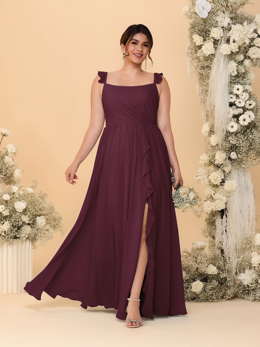 A-Line/Princess Square Neck Sleeveless Plus Size Bridesmaid Dresses With Side Slit & Ruffles Burgundy