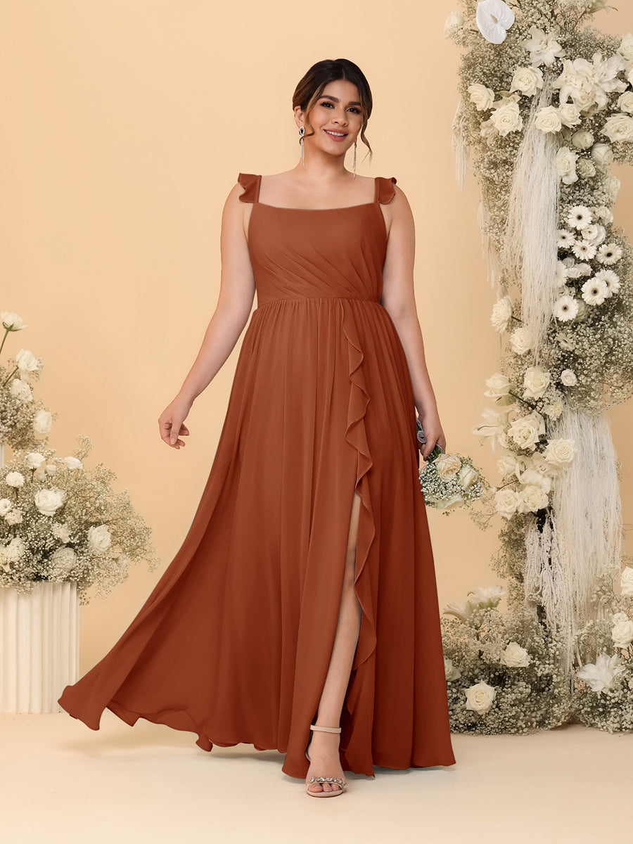 A-Line/Princess Square Neck Sleeveless Plus Size Bridesmaid Dresses With Side Slit & Ruffles Burnt Orange