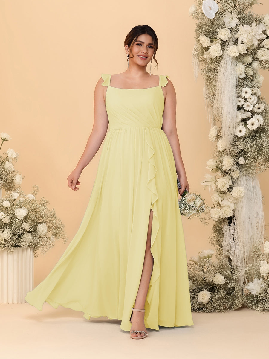 A-Line/Princess Square Neck Sleeveless Plus Size Bridesmaid Dresses With Side Slit & Ruffles Canary