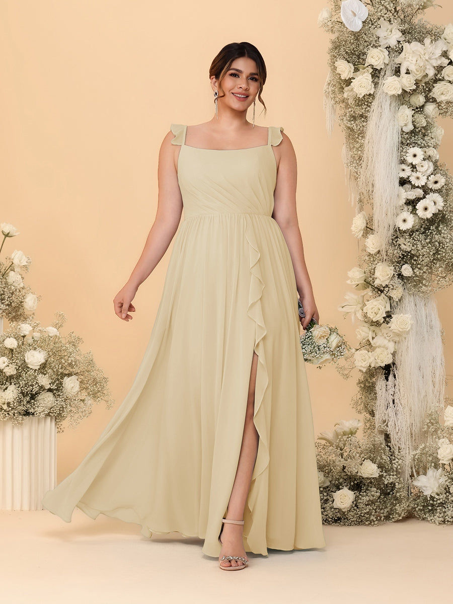 A-Line/Princess Square Neck Sleeveless Plus Size Bridesmaid Dresses With Side Slit & Ruffles Champagne