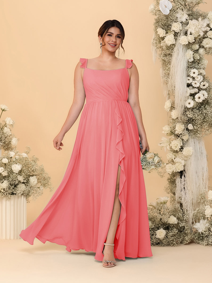 A-Line/Princess Square Neck Sleeveless Plus Size Bridesmaid Dresses With Side Slit & Ruffles Coral