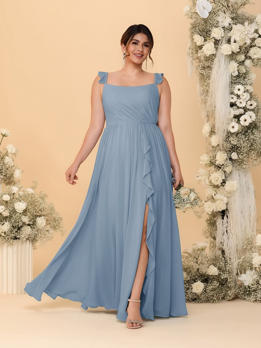 A-Line/Princess Square Neck Sleeveless Plus Size Bridesmaid Dresses With Side Slit & Ruffles Dusty Blue