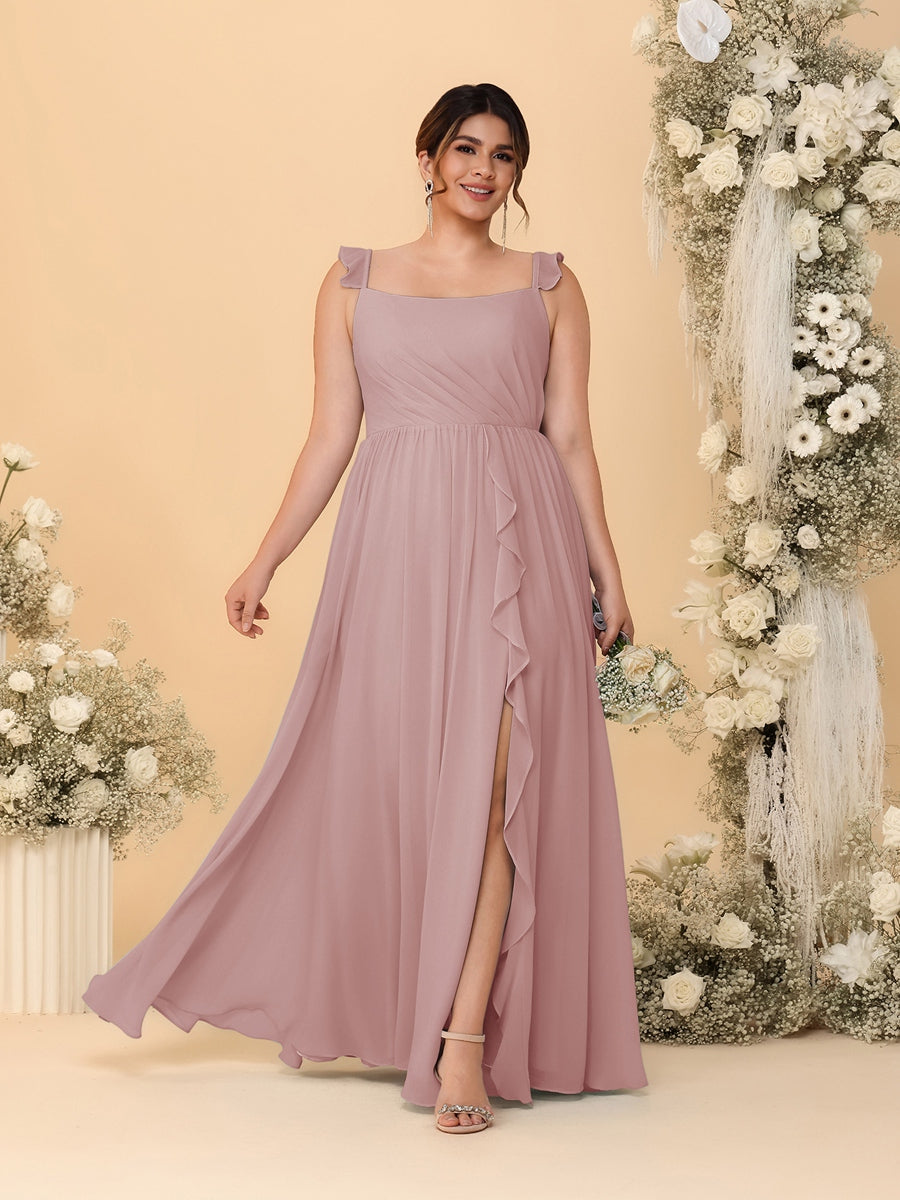 A-Line/Princess Square Neck Sleeveless Plus Size Bridesmaid Dresses With Side Slit & Ruffles Dusty Pink