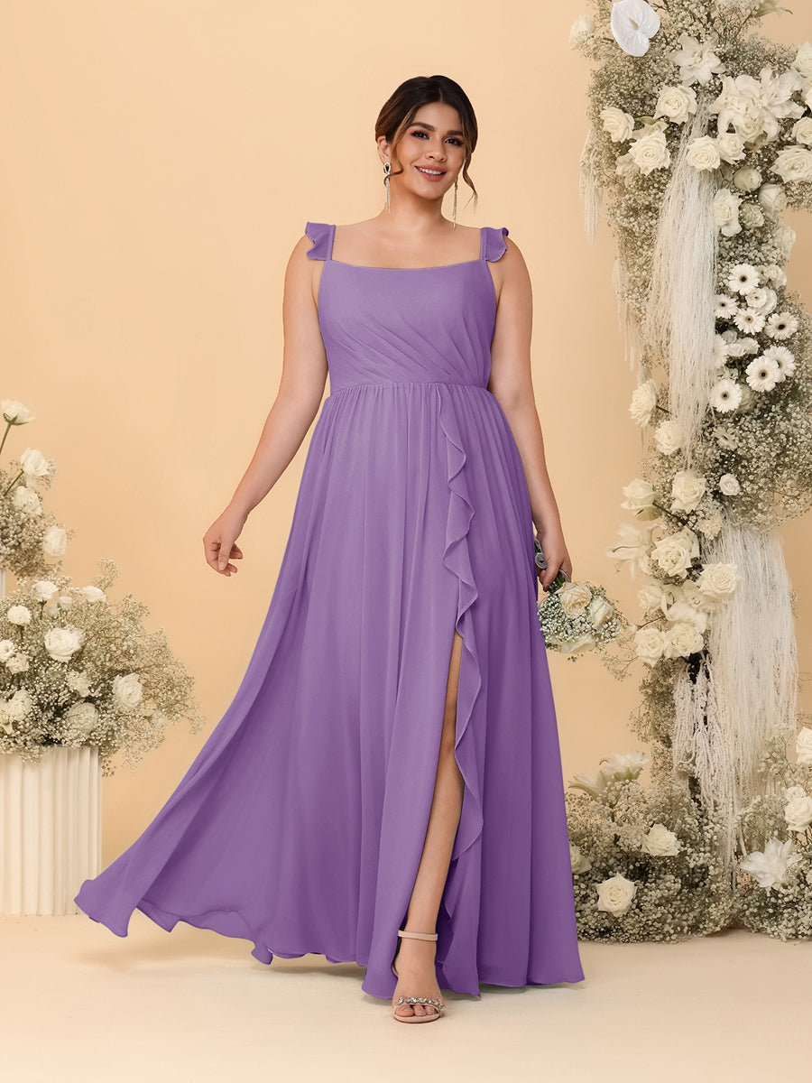A-Line/Princess Square Neck Sleeveless Plus Size Bridesmaid Dresses With Side Slit & Ruffles Dusty Purple