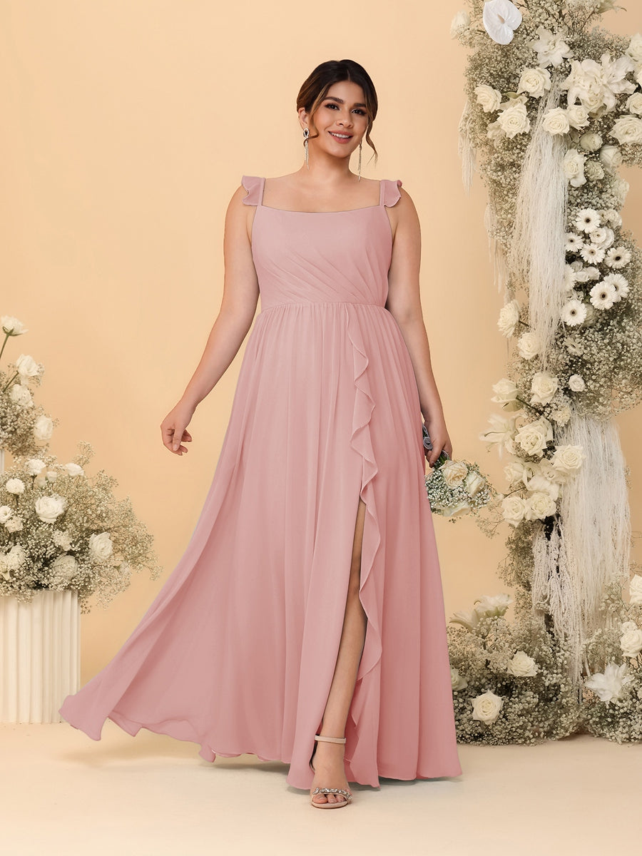 A-Line/Princess Square Neck Sleeveless Plus Size Bridesmaid Dresses With Side Slit & Ruffles Dusty Rose