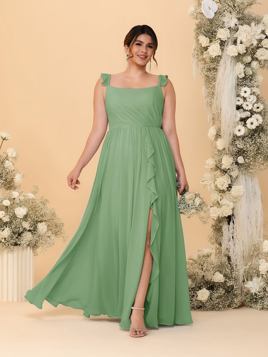 A-Line/Princess Square Neck Sleeveless Plus Size Bridesmaid Dresses With Side Slit & Ruffles Dusty Sage