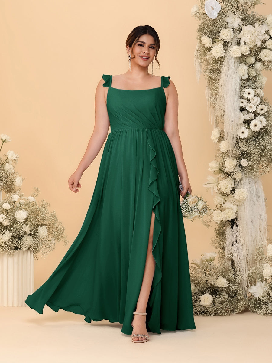 A-Line/Princess Square Neck Sleeveless Plus Size Bridesmaid Dresses With Side Slit & Ruffles Emerald