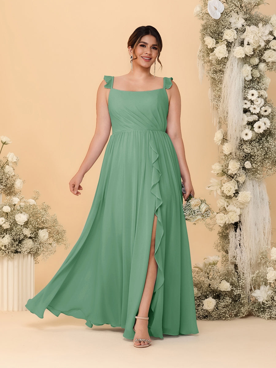A-Line/Princess Square Neck Sleeveless Plus Size Bridesmaid Dresses With Side Slit & Ruffles Eucalyptus
