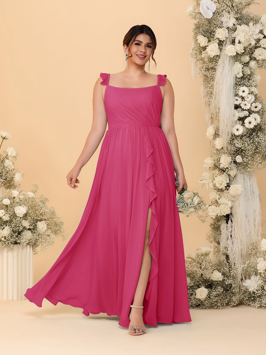 A-Line/Princess Square Neck Sleeveless Plus Size Bridesmaid Dresses With Side Slit & Ruffles Fuchsia