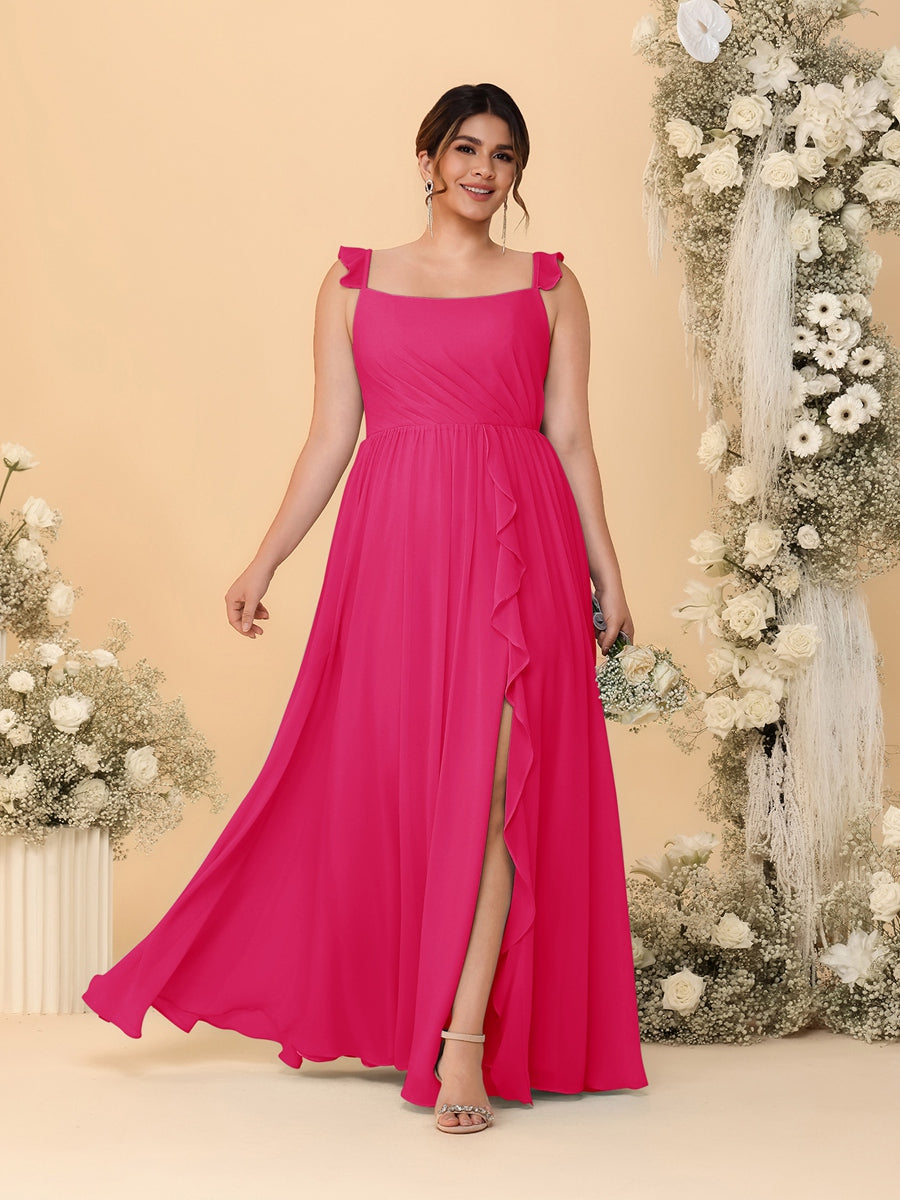 A-Line/Princess Square Neck Sleeveless Plus Size Bridesmaid Dresses With Side Slit & Ruffles Fuchsia Pink