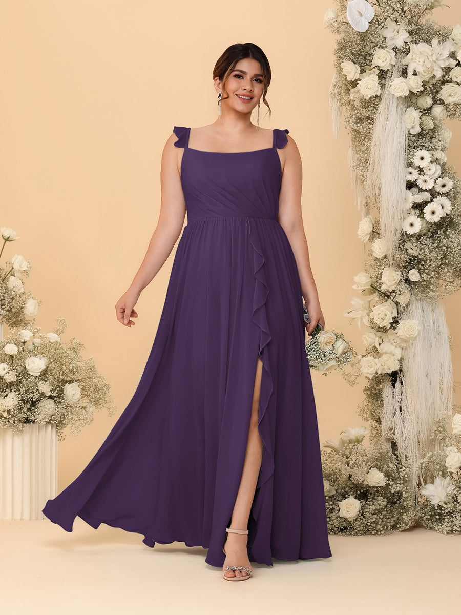 A-Line/Princess Square Neck Sleeveless Plus Size Bridesmaid Dresses With Side Slit & Ruffles Grape