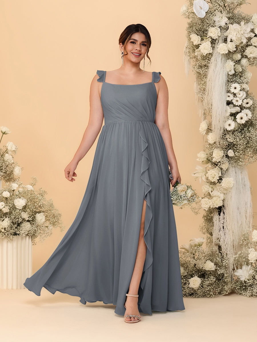 A-Line/Princess Square Neck Sleeveless Plus Size Bridesmaid Dresses With Side Slit & Ruffles Gray