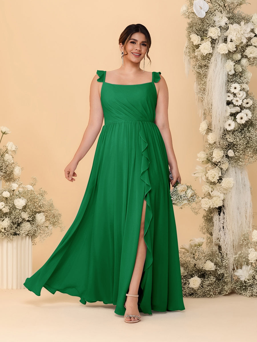 A-Line/Princess Square Neck Sleeveless Plus Size Bridesmaid Dresses With Side Slit & Ruffles Green