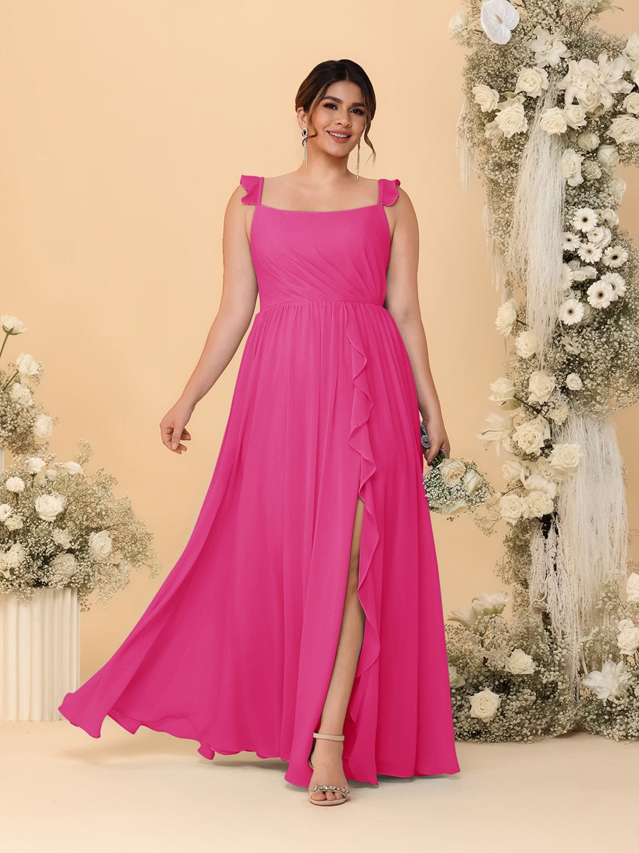 A-Line/Princess Square Neck Sleeveless Plus Size Bridesmaid Dresses With Side Slit & Ruffles Hot Pink