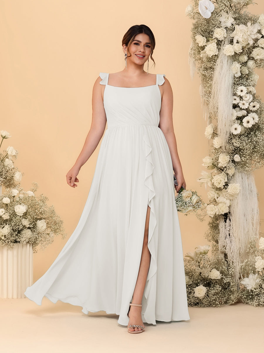 A-Line/Princess Square Neck Sleeveless Plus Size Bridesmaid Dresses With Side Slit & Ruffles Ivory