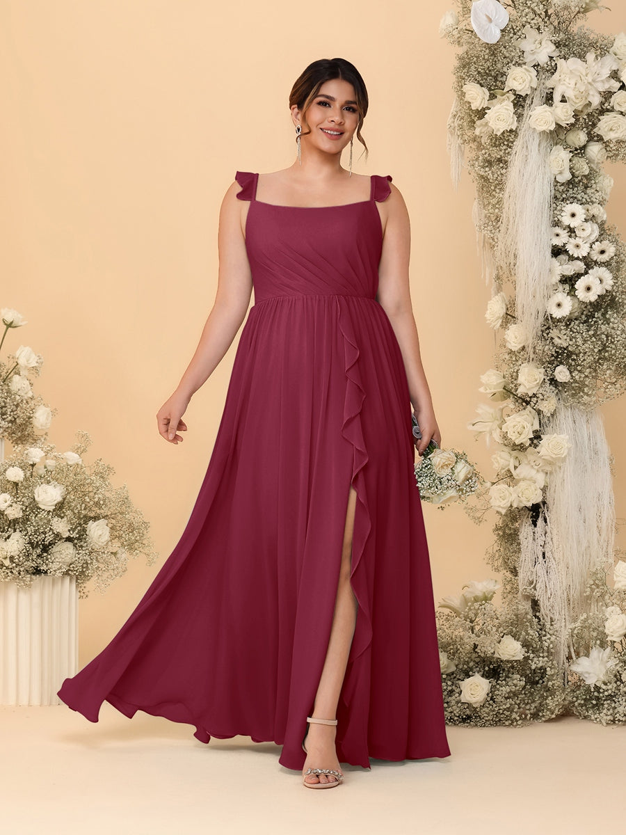 A-Line/Princess Square Neck Sleeveless Plus Size Bridesmaid Dresses With Side Slit & Ruffles Light Burgundy