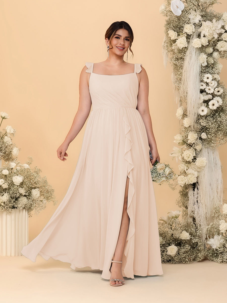 A-Line/Princess Square Neck Sleeveless Plus Size Bridesmaid Dresses With Side Slit & Ruffles Light Champagne