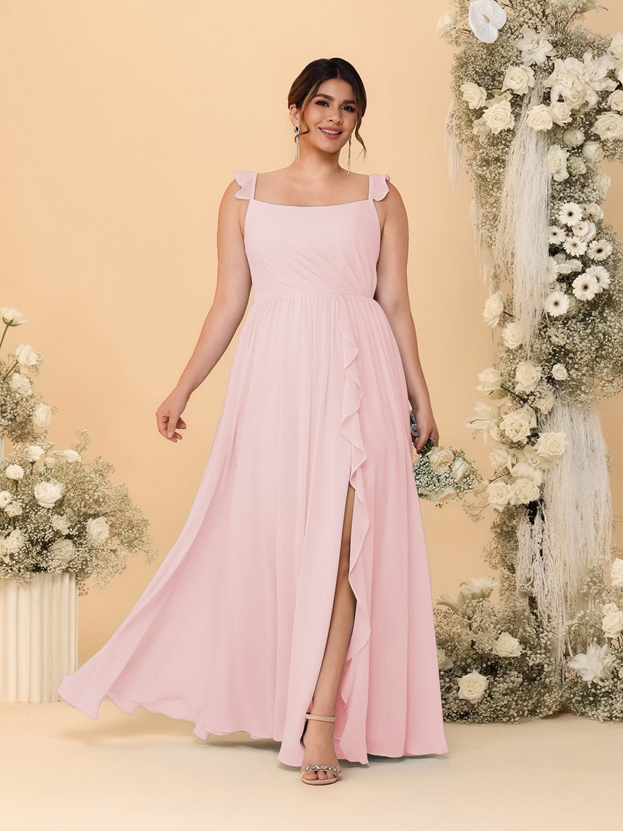 A-Line/Princess Square Neck Sleeveless Plus Size Bridesmaid Dresses With Side Slit & Ruffles Light Pink