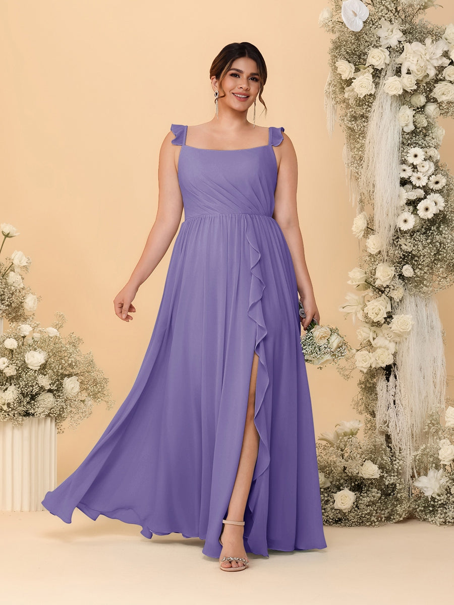 A-Line/Princess Square Neck Sleeveless Plus Size Bridesmaid Dresses With Side Slit & Ruffles Light Purple