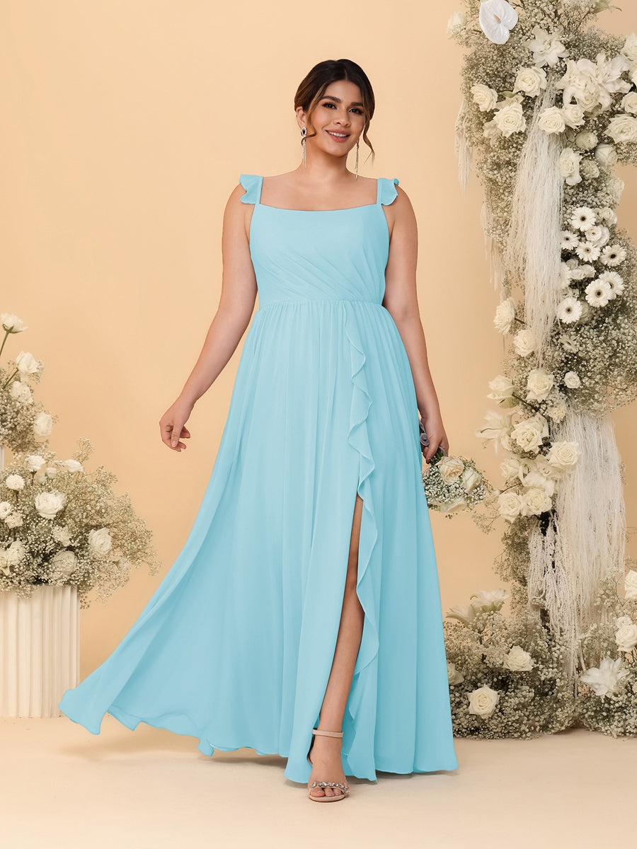 A-Line/Princess Square Neck Sleeveless Plus Size Bridesmaid Dresses With Side Slit & Ruffles Light Sky Blue