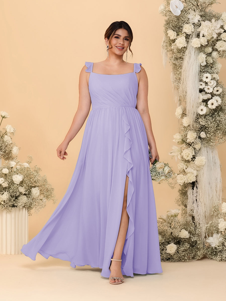 A-Line/Princess Square Neck Sleeveless Plus Size Bridesmaid Dresses With Side Slit & Ruffles Lilac