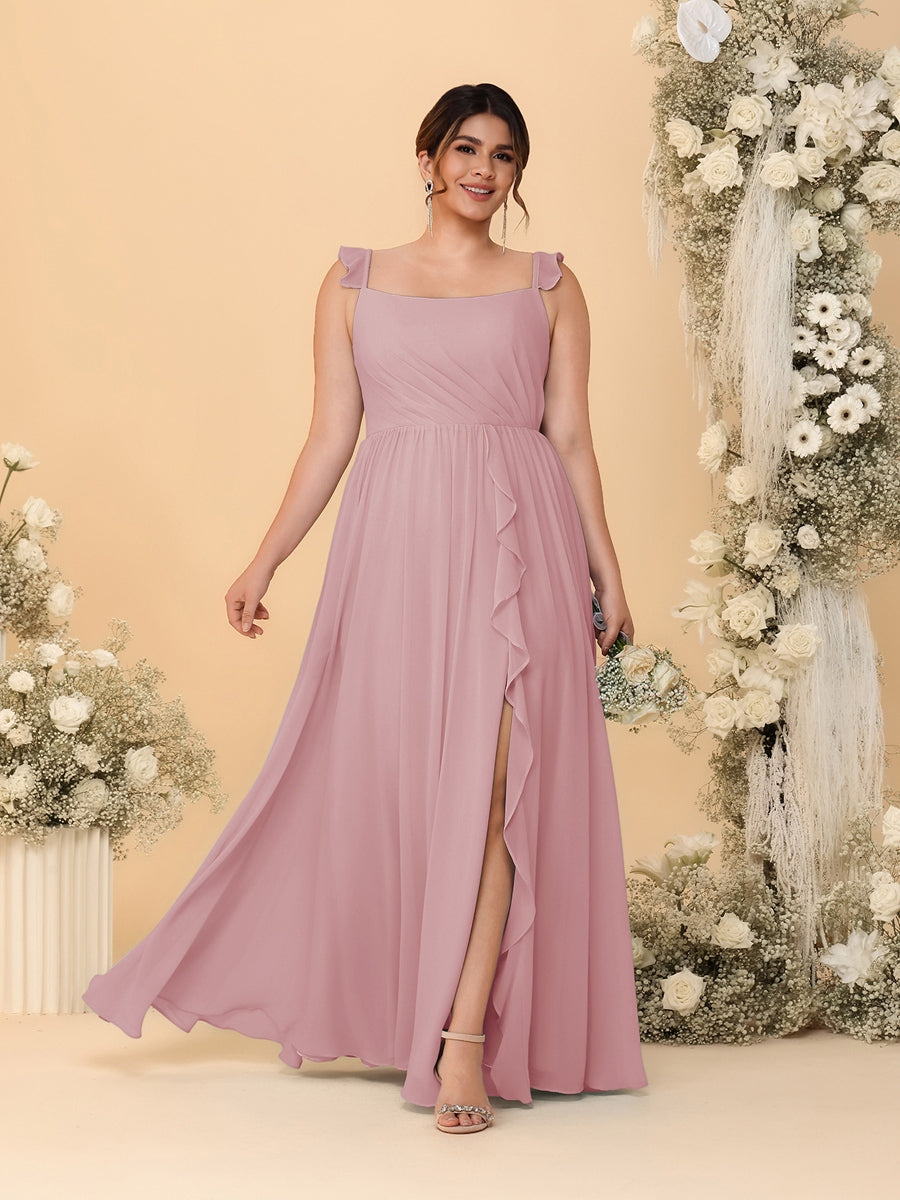 A-Line/Princess Square Neck Sleeveless Plus Size Bridesmaid Dresses With Side Slit & Ruffles Mauve