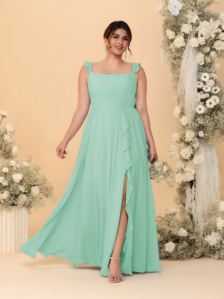 A-Line/Princess Square Neck Sleeveless Plus Size Bridesmaid Dresses With Side Slit & Ruffles Mint Green