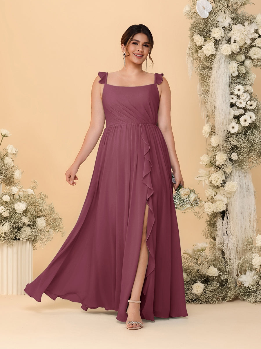 A-Line/Princess Square Neck Sleeveless Plus Size Bridesmaid Dresses With Side Slit & Ruffles Mulberry