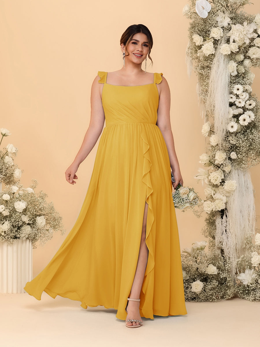 A-Line/Princess Square Neck Sleeveless Plus Size Bridesmaid Dresses With Side Slit & Ruffles Mustard Yellow