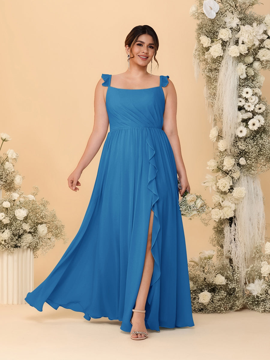 A-Line/Princess Square Neck Sleeveless Plus Size Bridesmaid Dresses With Side Slit & Ruffles Ocean Blue