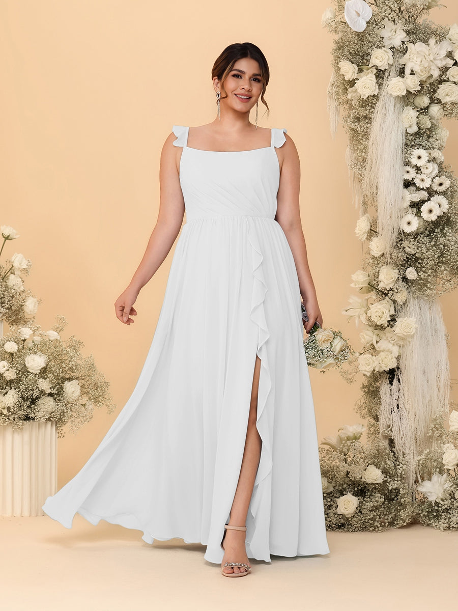 A-Line/Princess Square Neck Sleeveless Plus Size Bridesmaid Dresses With Side Slit & Ruffles Off White