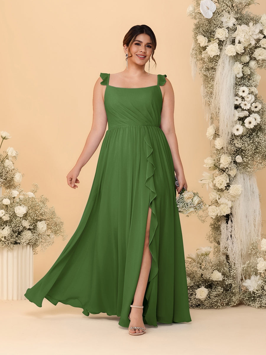 A-Line/Princess Square Neck Sleeveless Plus Size Bridesmaid Dresses With Side Slit & Ruffles Olive Green
