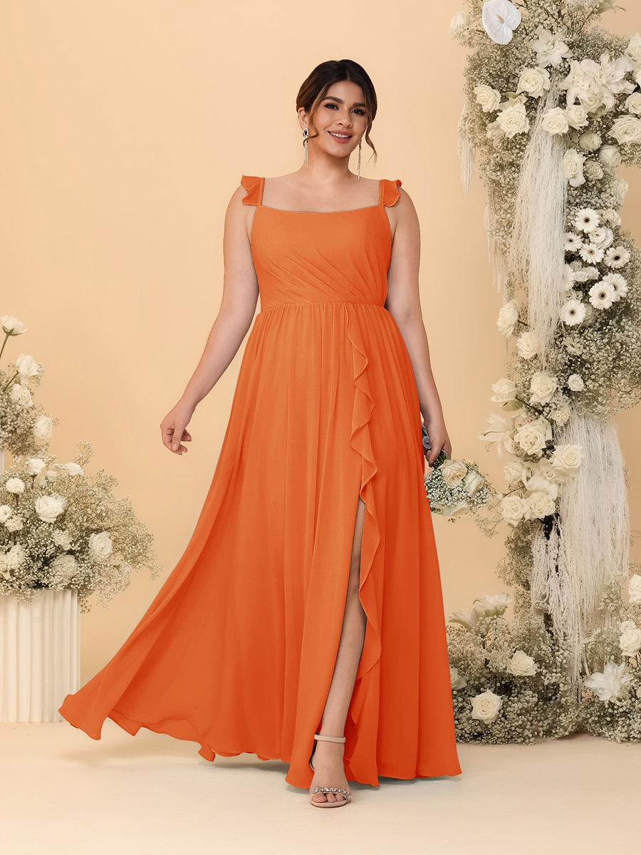 A-Line/Princess Square Neck Sleeveless Plus Size Bridesmaid Dresses With Side Slit & Ruffles Orange