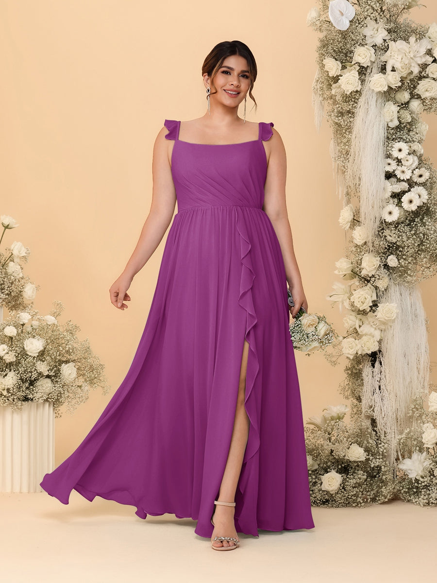 A-Line/Princess Square Neck Sleeveless Plus Size Bridesmaid Dresses With Side Slit & Ruffles Orchid